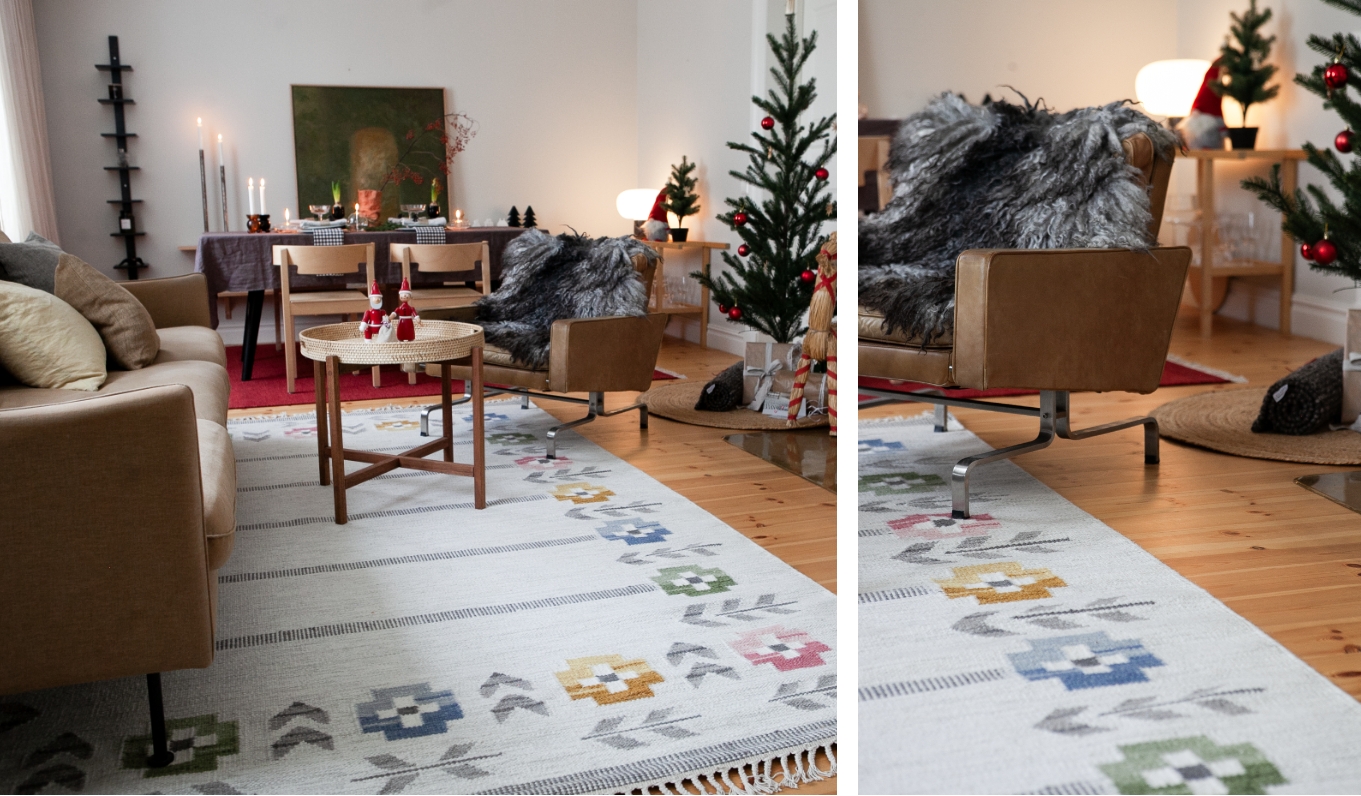 Multifarvet håndvævet uldtæppe